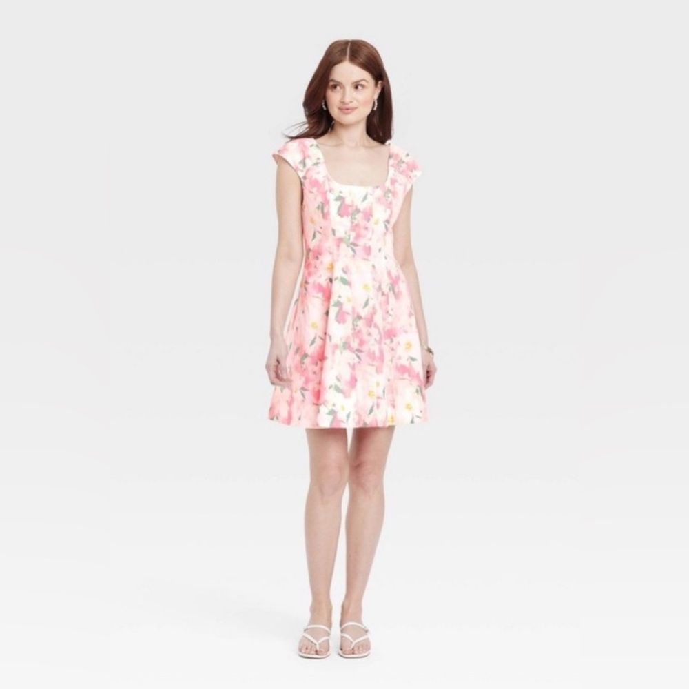 NWT A new day 10 Dress Floral Light Pink Knee Length Cap Sleeve Square Neck